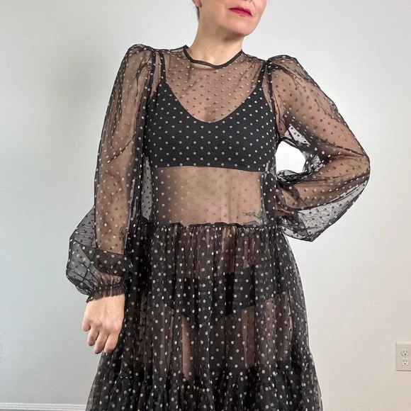 Sheer Black and Tan Polka Dot Maxi Dress - Size M - Picture 9 of 13